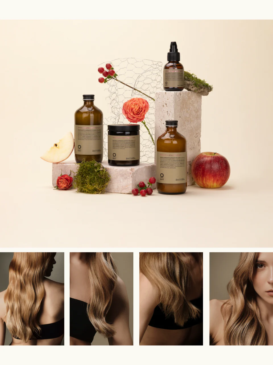 Produkty OWAY Smooth & Glow — szklane butelki, jabłko, mech