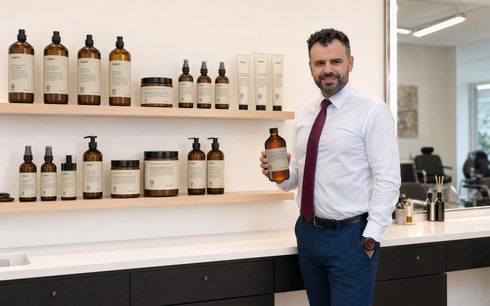 Łukasz Świątkowski na tle produktów OWAY